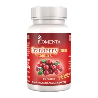 Obrázek BIOMENTA Cranberry 1000 60 brusinkových kapslí ve vysokých dávkách mg extraktu z brusinek + 500 vitaminu C/denní příjem veganské prémiová kvalita