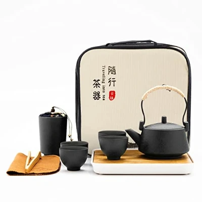 Obrázek fanquare Japonská přenosná cestovní sada na čaj s taškou, černý porcelán servis čajovou konvicí, mini čínský čajový set pro dospělé, dárky muže