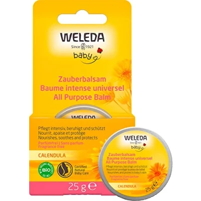 Obrázek WELEDA Bio Baby Calendula kouzelný balzám přírodní kosmetika univerzální na obličej a tělo pro péči zklidnění suché pokožky rtů. Bohatý miminka děti (1 x 25 g)