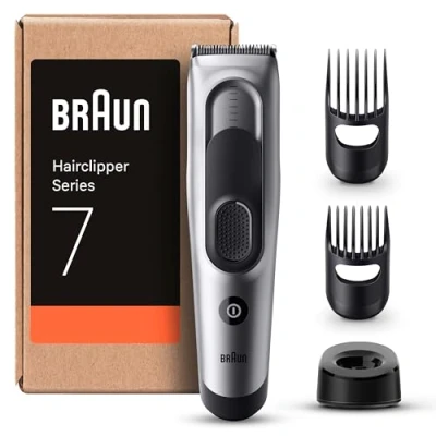 Obrázek Braun Series 7 pánský zastřihovač vlasů, vlasů (balení připravené k odeslání), 17 nastavení délky, ultra ostré čepele, 2 hřebenové nástavce, doba provozu 50 min. NiMH, omyvatelný, HC7390