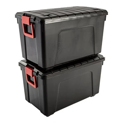 Obrázek Iris Ohyama, Velký plastový úložný box, 110l box do garáže, 2dílná sada, SIA 110, černý, stohovatelný, uzavírací svorky š 75 x h 44,5 v 45 cm