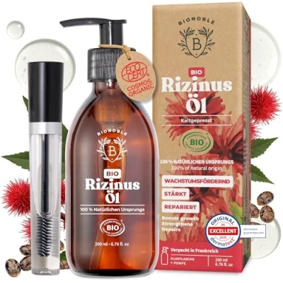 Obrázek Bionoble Ricinový olej bio 200 ml 100 % čistý, přírodní, lisovaný za studena řasy, obočí, vlasy, vousy, nehty Vegan a Cruelty Free Castor Oil skleněná láhev + pumpa řasenka Kit