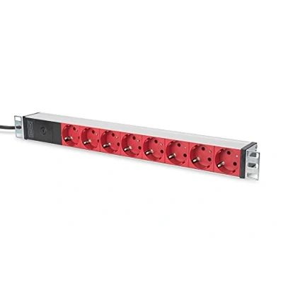 Obrázek DIGITUS 19&quot; zásuvková lišta 8 úchytů (červená) 1HE 250 VAC 50/60 Hz 16 A 2500 W pojistka pro ochranu proti přetížení