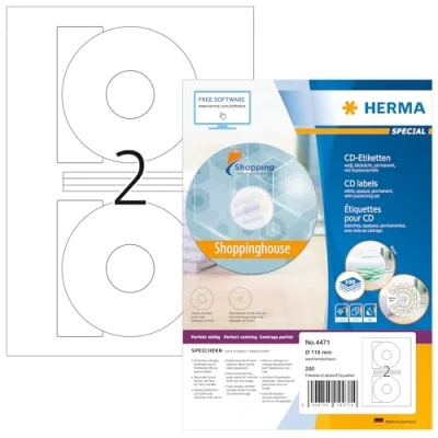 Obrázek HERMA 4471 CD DVD etikety vč. centrovací pomůcky neprůhledné, 100 listů, Ø 116 mm, 2 na arch A4, 200 kusů, samolepicí, lze potisknout, matné, prázdné papírové lepicí nálepky, bílé