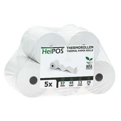 Obrázek HeiGroup HeiPOS 5 x termorole bez BPA (Š/Ø) 57 mm / 45 délka 25 m, jádro Ø 12 mm, plošná hmotnost 52 g/m2, tloušťka 60 µm, trvanlivost 10 let
