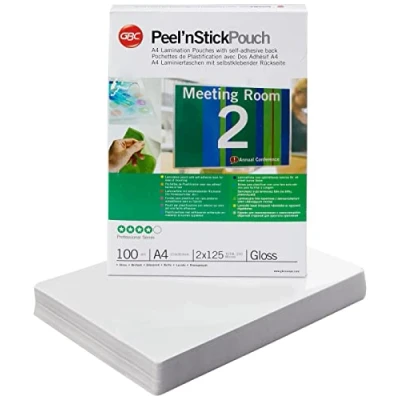 Obrázek GBC Samolepicí laminovací fólie A4 125 mic, Peel&#039;nStick, robustní kapsy v balení po 100 kusech, lesklé, průhledné, ideální do kanceláře a školy, 3747243