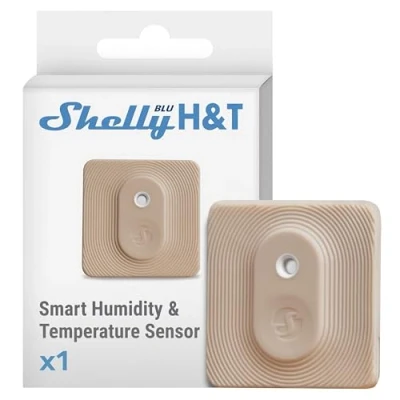 Obrázek Shelly Blu H&amp;T Mocha Bluetooth ovládaný snímač teploty a vlhkosti chráněný proti stříkající vodě prachotěsný třída ochrany IP54 iOS Android App šifrování