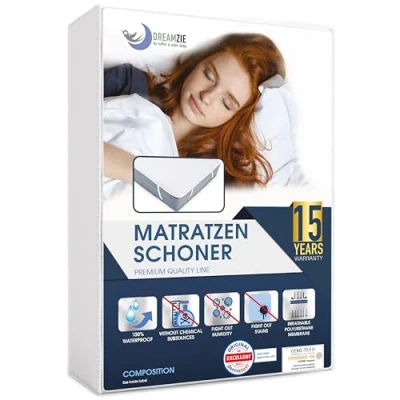 Obrázek Chránič matrace 90 x 200 cm vodotěsný Made in EU a Öko Tex, certifikováno Dreamzie ochrana proti vlhkosti 90x200 prodyšný