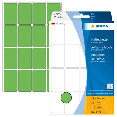 Obrázek HERMA 2455 etiket zelených, 32 listů, 25 x 40 mm, 24 na arch, 768 samolepek, samolepicí, víceúčelové lepicí etikety k popisování, univerzální z papíru, prázdné