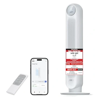 Obrázek Dreo Tichý věžový ventilátor Smart 20 dB, 10 m dosah háku, 4 rychlostní stupně, režimy, 8 hod. časovač 90 oscilační s chlazením, WLAN a dálkové ovládání do ložnice, Nomad OneS, bílý