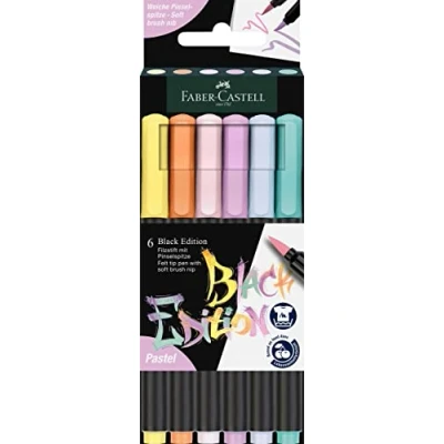 Obrázek Faber Castell 116453 Black Edition Brush Pen Set s 6 pastelovými barvami, fixy pro dospělé, pera vybarvování a psaní, omyvatelný inkoust