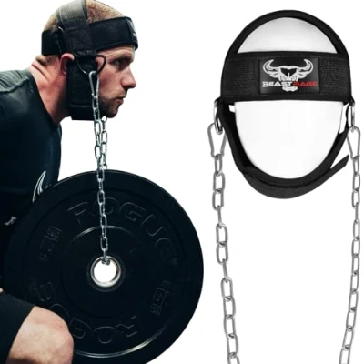 Obrázek BEAST RAGE Kopfgeschirr, Halstauchen, strapazierfähig, lange Stahlkette, verstellbar, Fitness Halsgeschirr, Gewichtheben Neopren gepolsterter Widerstandstraining Muskelkraft Erholungsgürtel Herren