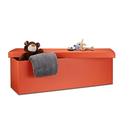 Obrázek Relaxdays Skládací lavice VxŠxH 38 x 114 cm, XL sedací truhla z umělé kůže, úložný box s úložným prostorem, oranžová