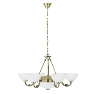 Obrázek EGLO závěsné svítidlo Savoy, závěsná lampa s 8 žárovkami vintage, rustikální, z mořeného kovového odlitku, satinované sklo v bílé, na jídelní stůl, do obývacího pokoje