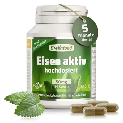 Obrázek Železo aktivní, 50 mg, extra vysoká dávka, 150 kapslí, dostupnost, vynikající snášenlivost, veganské proti nedostatku železa. Bez umělých přísad. genetické techniky.