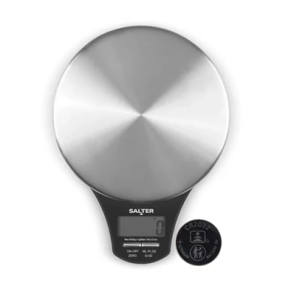 Obrázek Salter Digitální kuchyňská váha 1035 SSBKDR kulatá platforma z ušlechtilé oceli, přesné rozměry, max. 5 kg, LCD displej, měření potravin a kapalin, funkce tára, baterie jsou součástí dodávky