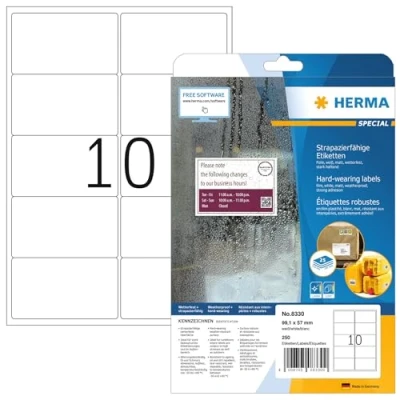 Obrázek HERMA 8330 Přepravní etikety odolné proti povětrnostním vlivům, 25 listů, 99,1 x 57 mm, 10 na arch A4, 250 kusů, samolepicí, potištěné, matné, prázdné adresní štítky nálepky z fólie, bílé