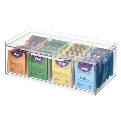 Obrázek iDesign čajový sáček úložný box, zásobník na čaj se 4 přihrádkami, víko a funkce zásuvek z plastu, stohovatelný box s nastavitelnými přepážkami, průhledný