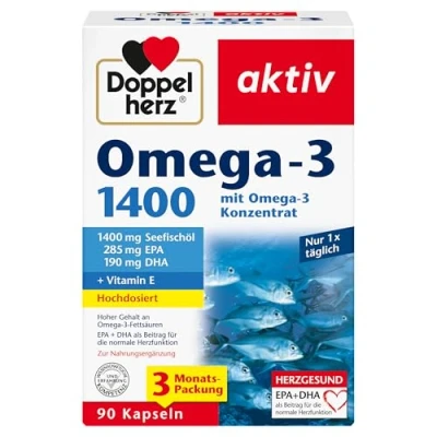 Obrázek Doppelherz omega 3 1400 mg vysoce koncentrovaný koncentrát plus vitamin E vysoký obsah mastných kyselin EPA a DHA 90 kapslí