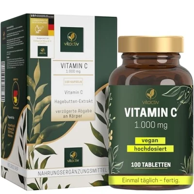 Obrázek Vitactiv vitamin C TIME RELEASED vysoká dávka plus přírodní extrakt ze šípků veganský, bez cukru, biologická dostupnost laboratorně testováno v Německu, 100 tablet s vitaminem