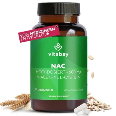 Obrázek Vitabay NAC kapsle N Acetyl Cystein 120 kapslí VEGAN a laboratorně testováno 600 mg L acetylcystein 600mg Supplement