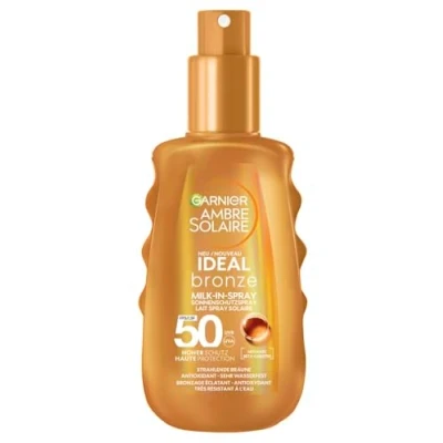 Obrázek Garnier UV ochranný sprej proti slunci pro zářivé opálení, velmi vysoká ochrana s LSF 50, voděodolný, Ambre Solaire Ideal Bronze Milk in Spray, 1 x 150 ml