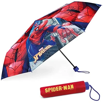 Obrázek BONNYCO deštník Dětský Spiderman odolný proti bouřce se zesílenou strukturou skládací s taškou, batohem nebo cestou pro malé chlapce dárky modrý, modrá,