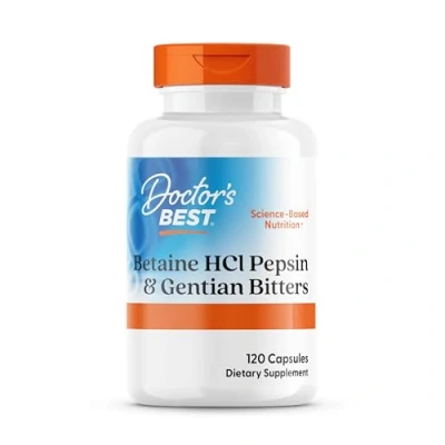 Obrázek DOCTOR&#039;S BEST Betain HCI s pepsinem a hořkým enciánem, 650 mg, 120 měkkých tobolek, vysoká dávka, laboratorně testováno, bez sóji, lepku, genetické techniky, 113 g