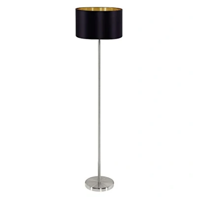 Obrázek EGLO stojací lampa Maserlo, 1 plamenná textilní lampa, z oceli a látky, barva: matný nikl, černá, zlatá, objímka: E27, vč. stupacího spínače