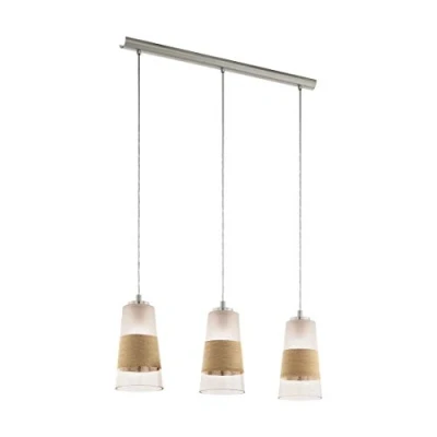 Obrázek EGLO závěsné svítidlo Burnham, závěsná lampa se 3 žárovkami vintage, retro, z oceli, skla a lýka v matném niklu, bílá, přírodní, na jídelní stůl, do obývacího pokoje,