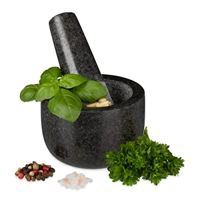 Obrázek Relaxdays Granit hmoždíř s paličkou, robustní &amp; trvanlivý, koření, bylinky, leštěný kamenný maltor, Ø 8,5 cm, V 100 ml, šedá, antracitová