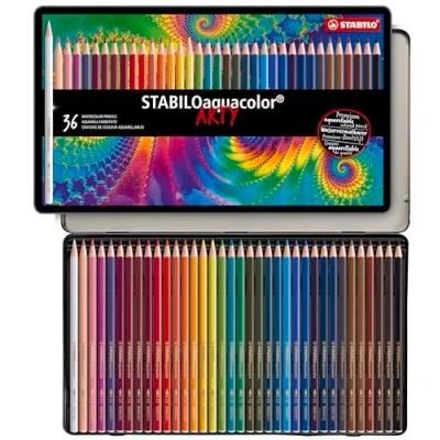 Obrázek Akvarelové pastelky STABILO aquacolor ARTY 36 ks kovové pouzdro s různými barvami