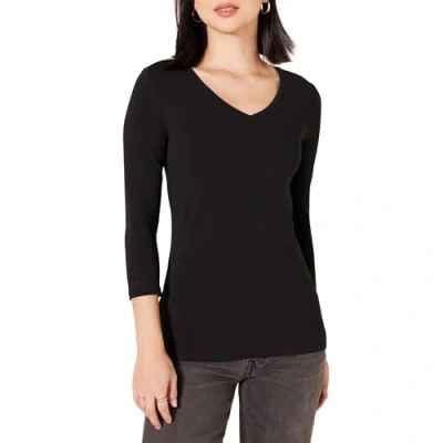 Obrázek Amazon Essentials Dámské regular fit tričko 3/4 rukávy výstřih do v (k dispozici nadměrné velikosti), černé, XL