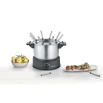 Obrázek SEVERIN fondue, sada fondue vhodná do myčky nádobí s 8 barevně označenými vidličkami, elektrický z ušlechtilé oceli pro sýrové čokoládové nebo olejové černé, FO 2470