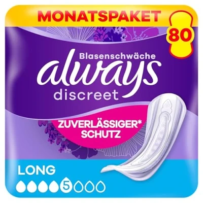 Obrázek Always Discreet Inkontinenční vložky Long, 80 obvazů (4 x 20 kusů) měsíční balíček, diskrétní ochrana a vysoká sací síla, neutralizuje zápach (balení se může lišit)