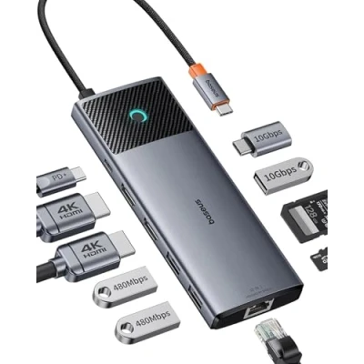 Obrázek Baseus dokovací stanice USB C 2 displej,10Gbps 10 v 1 s HDMI Single 4K@120Hz, Dual 4K@ 60Hz,10Gbps a C, Gigabit Ethernet and PD 100 W pro Mac/Dell/HP/Lenovo