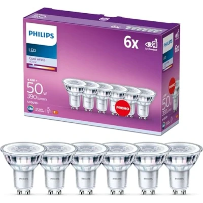 Obrázek Philips LED Classic GU10 Lampen 6 er Pack (50 W), Reflektor Spots mit kaltweißem Licht, energiesparende langer Nutzlebensdauer