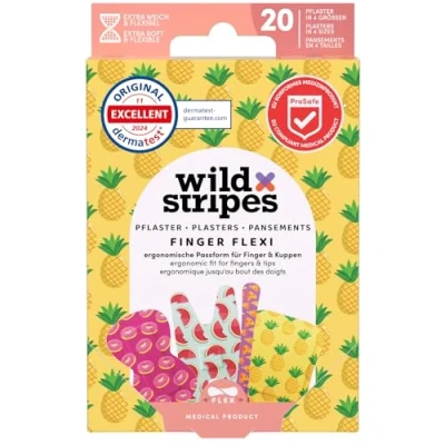 Obrázek Wild Stripes Sada náplastí I voděodolné náplasti Finger Flexi Food Náplast na rány Šetrné k pokožce Ergonomický tvar 24h ochrana Sprchové 20 kusů