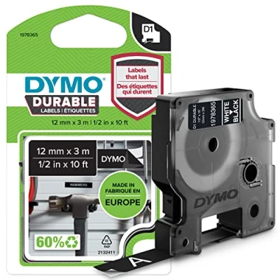 Obrázek DYMO Originální vysoce výkonná páska na etikety D1, bílá černé, 12 mm x 3 m, permanentně přilnavá vinylová páska, pro popisovací zařízení LabelManager