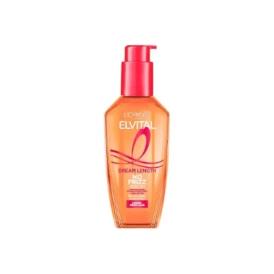 Obrázek L&#039;Oréal Paris Elvital vlasové sérum bez silikonů, tepelná ochrana pro dlouhé, nepoddajné vlasy, oplachování, olej na vlasy s rostlinnými proteiny a kakaovým máslem, Dream Length No Frizz sérum, 1