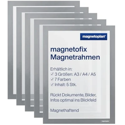 Obrázek magnetoplan Magnetofix samolepicí magnetický rám A4, balení 5 kusů držák dokumentů, vodotěsný pro značení, skládací informační rámeček šedý