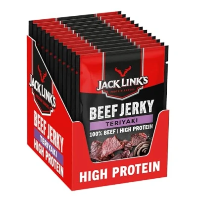 Obrázek Beef Jerky Teriyaki Jack Links balení 12 ks (12 x 25 g) sušené maso bílkovinné občerstvení vysoce proteinová svačina na gymnastiku, fitness, outdoor americké jídlo pro lidi čipy z hovězího