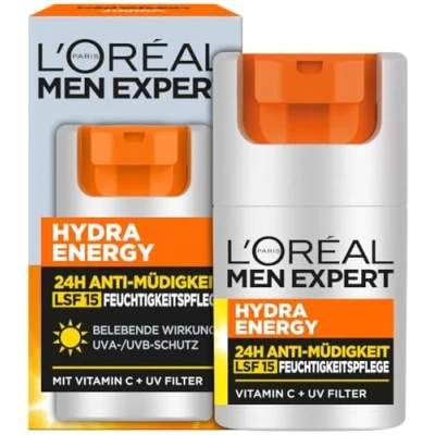 Obrázek L&#039;Oréal Men Expert Péče o obličej s LSF 15 pro muže, povzbuzující hydratační krém 24H proti únavě ochranou slunci, pleťový muže vitaminem C a proteiny, Hydra Energy, 1 x 50 ml