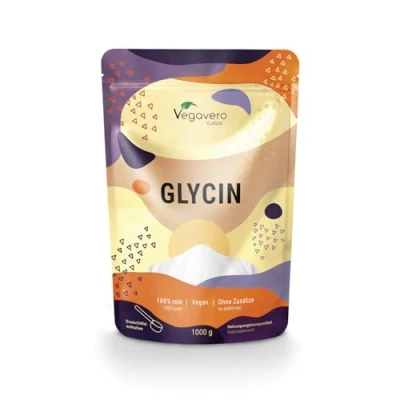 Obrázek Glycinový prášek 1000 g 330 porcí Německá výroba Vegavero® laboratorně testováno 100% čistá aminokyselina L glycin v prémiové kvalitě s odměrkou bez přísad Vegan