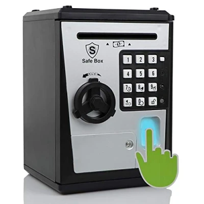 Obrázek Kids Safe Bank with Fingerprint Password Talking ATM Piggy for Real Money Toy Gift 6 14 Years Old Boys Girls (Black/Silver)