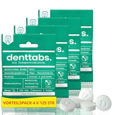 Obrázek DENTTABS Tablety na čištění zubů máta bez fluoridu 4 x 125 ks po dobu 8 měsíců. Plnohodnotná alternativa k zubní pastě VEGAN plastů konzervačních látek. Originální kompostovatelné