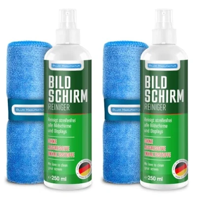 Obrázek Blum Manufaktur Čistič obrazovky 2 x 250 ml + 30 cm utěrka z mikrovlákna supersoft 365GSM Screen Cleaner displeje