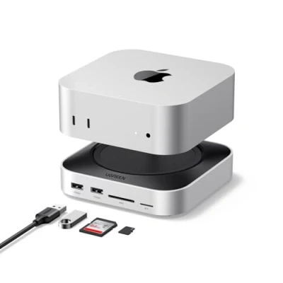 Obrázek UGREEN Mac mini M4 Dock USB C Hub dokovací stanice stojan Pro M4/M4 s M. 2 NVMe SSD rozšíření 7 přípojek 10 Gbps SD/TF 3. 0 protiskluzový design bezešvý tvar