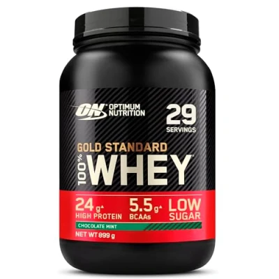 Obrázek Optimum Nutrition Gold Standard 100% syrovátkový proteinový prášek pro růst a regeneraci svalů s přirozeně se vyskytujícím glutaminem aminokyselinami BCAA, čokoládová máta, 29 porcí, 899 g