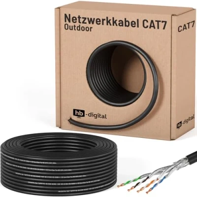 Obrázek HB DIGITAL 50m CAT 7 Síťový kabel Outdoor LAN instalační S/FTP AWG23 dvojitě stíněný PiMF čistá měď max 10Gbit/s síťová instalace Ethernet datový pro venkovní použití černý